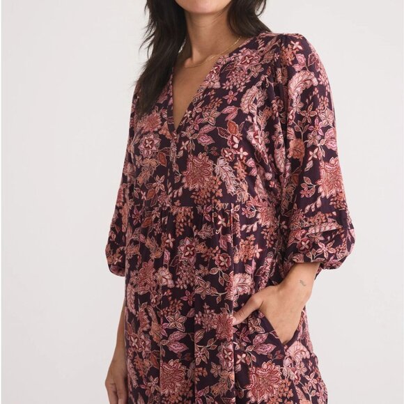 Marine Layer Lola Warm Floral Puff Sleeve Midi Dress Small - Picture 2 of 9